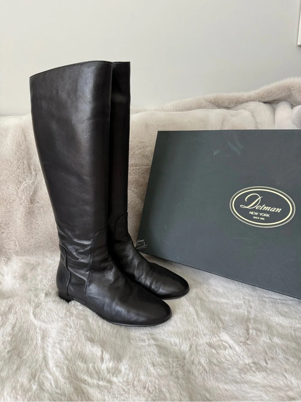 Worn once! Delman Black Nappa Leather Knee Hight Boots 7,5